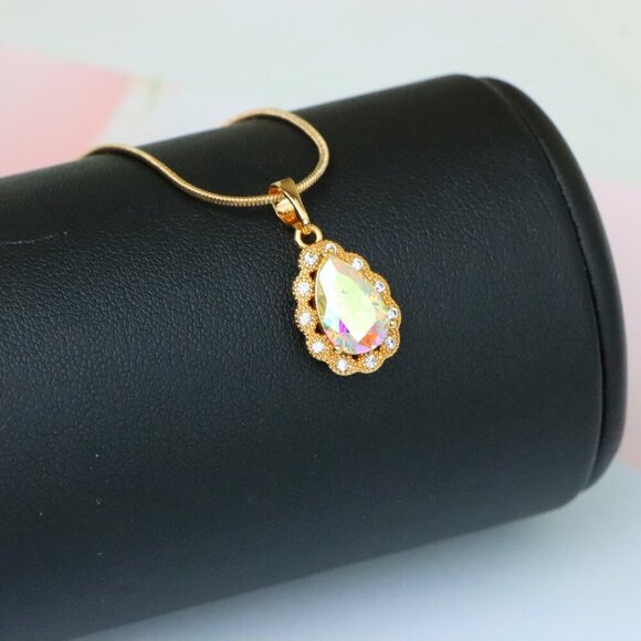 "Elegant Teardrop Rose Gold Pendant with Iridescent Stone Accent, XPPT1515 - Picture 2 of 11